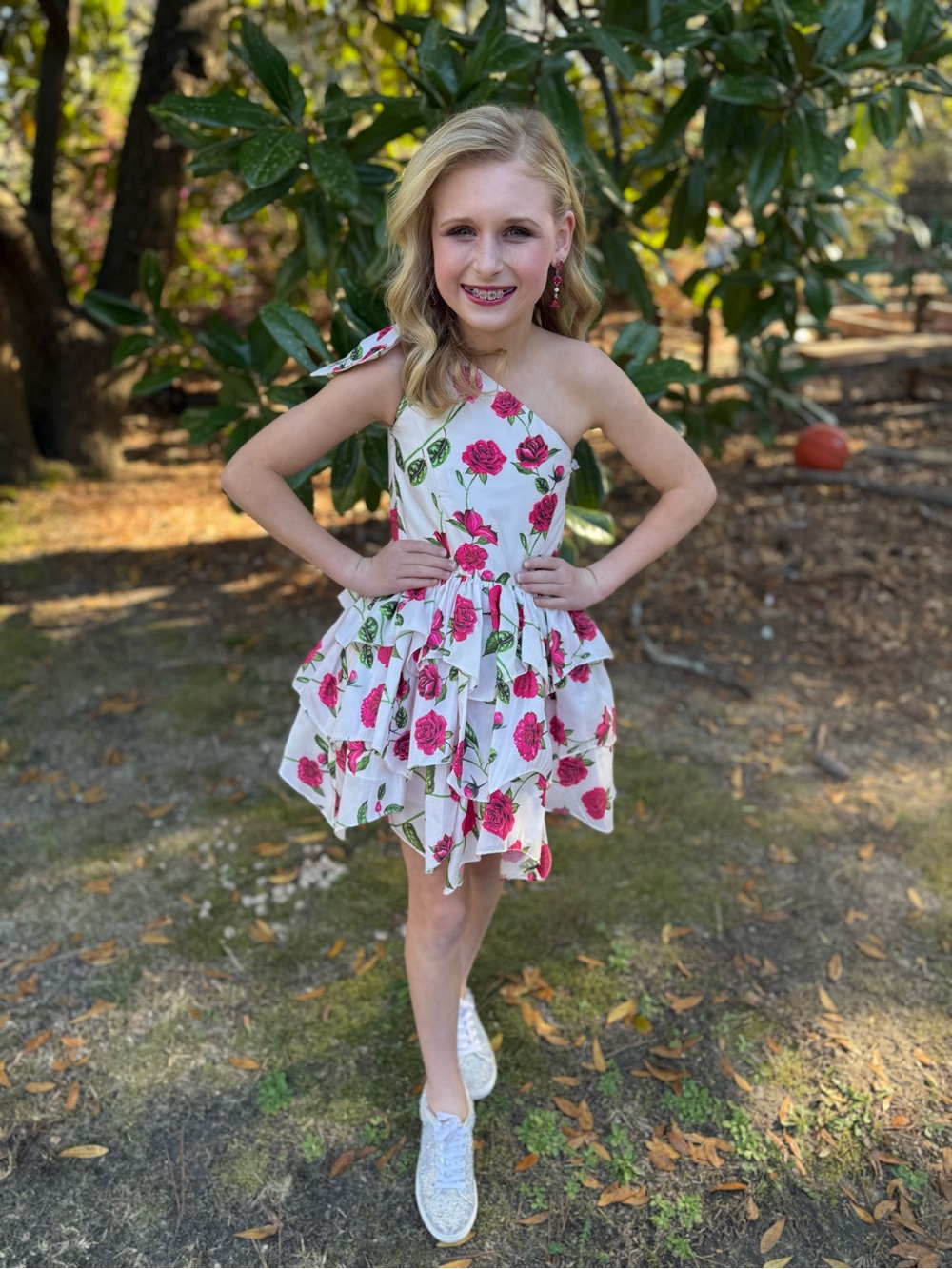 Rachel Allan Perfect Angel Floral One-Shoulder Ruffle Kids Dress - Pink Roses